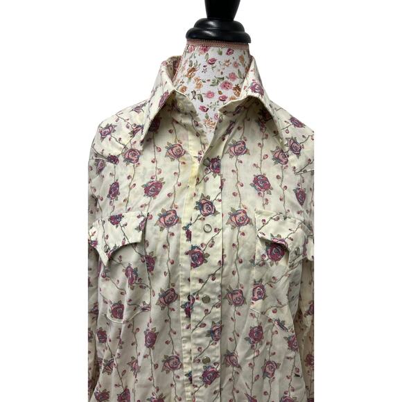 🌹 Champion Westerns Vintage Pearl Snap Shirt Rose Print Western Blouse FLAW - Picture 2 of 6